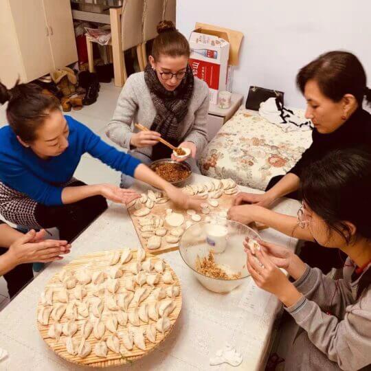 Making Jiaozi with our Homestay families
